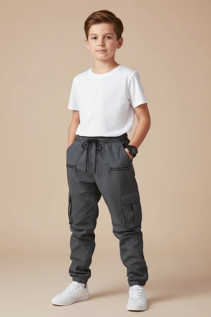 Pantalon Parachute Gris Cargo Cordon Ample Garçon - Gabardine