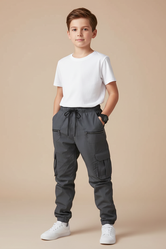 Pantalon Parachute Gris Cargo Cordon Ample Garçon - Gabardine