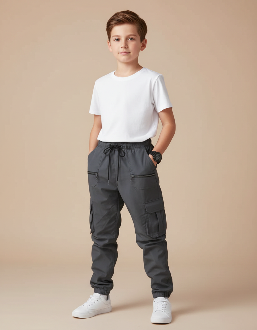 Pantalon Parachute Gris Cargo Cordon Ample Garçon - Gabardine