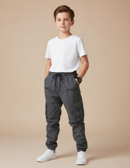 Pantalon Parachute Gris Cargo Cordon Ample Garçon - Gabardine