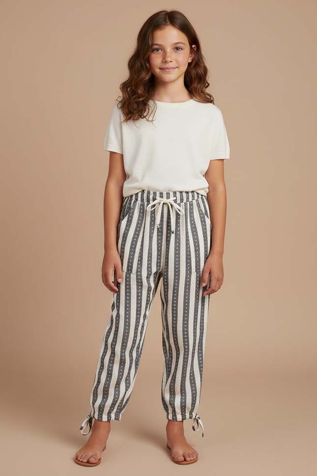 Pantalon Parachute Rayé Beige Gris Cordon Ample - Imprimé Coton