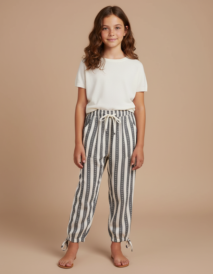 Pantalon Parachute Rayé Beige Gris Cordon Ample - Imprimé Coton