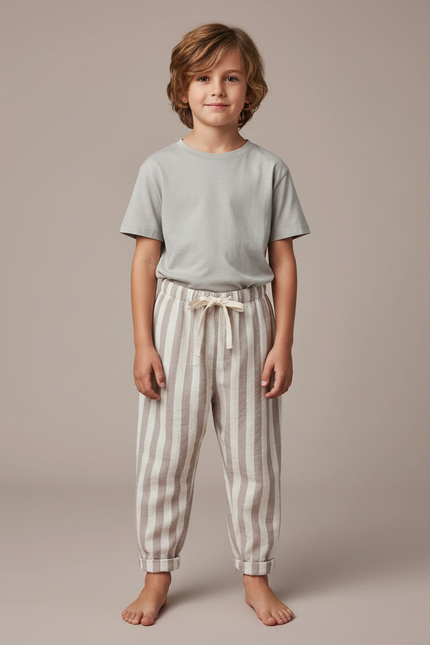Pantalon Parachute Rayé Beige Coton Ample Enfant