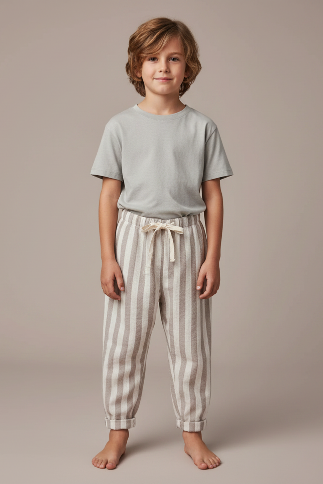 Pantalon Parachute Rayé Beige Coton Ample Enfant