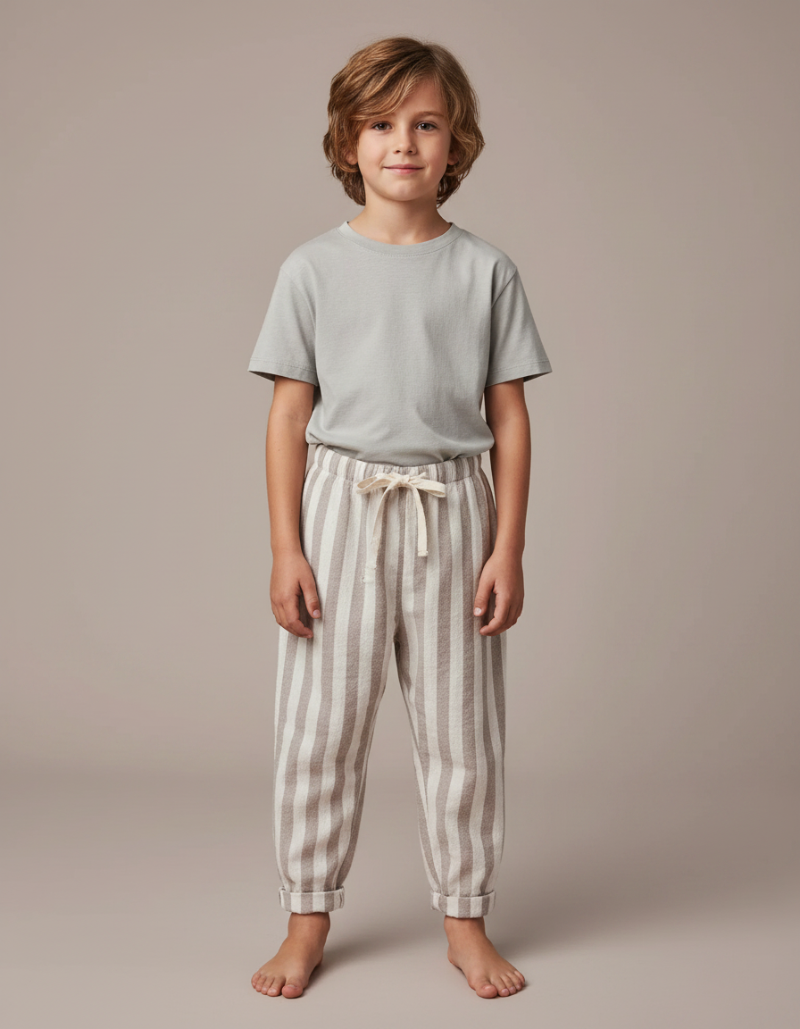 Pantalon Parachute Rayé Beige Coton Ample Enfant
