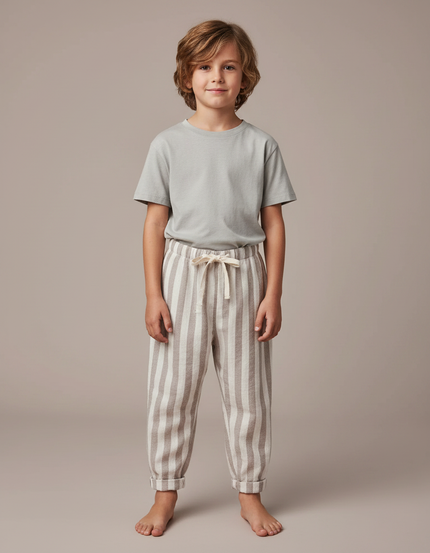 Pantalon Parachute Rayé Beige Coton Ample Enfant