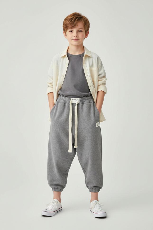 Pantalon Parachute Gris Ample Coton Enfant Sportif Cordon - Molleton