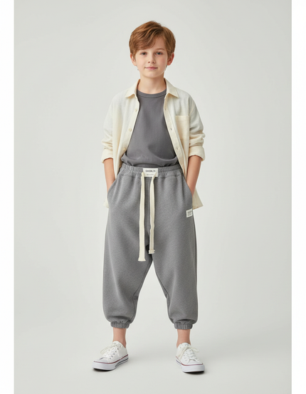 Pantalon Parachute Gris Ample Coton Enfant Sportif Cordon - Molleton
