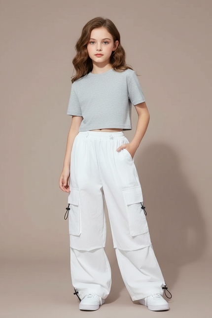 Pantalon Parachute Blanc Cargo Ample Fille - Polyester