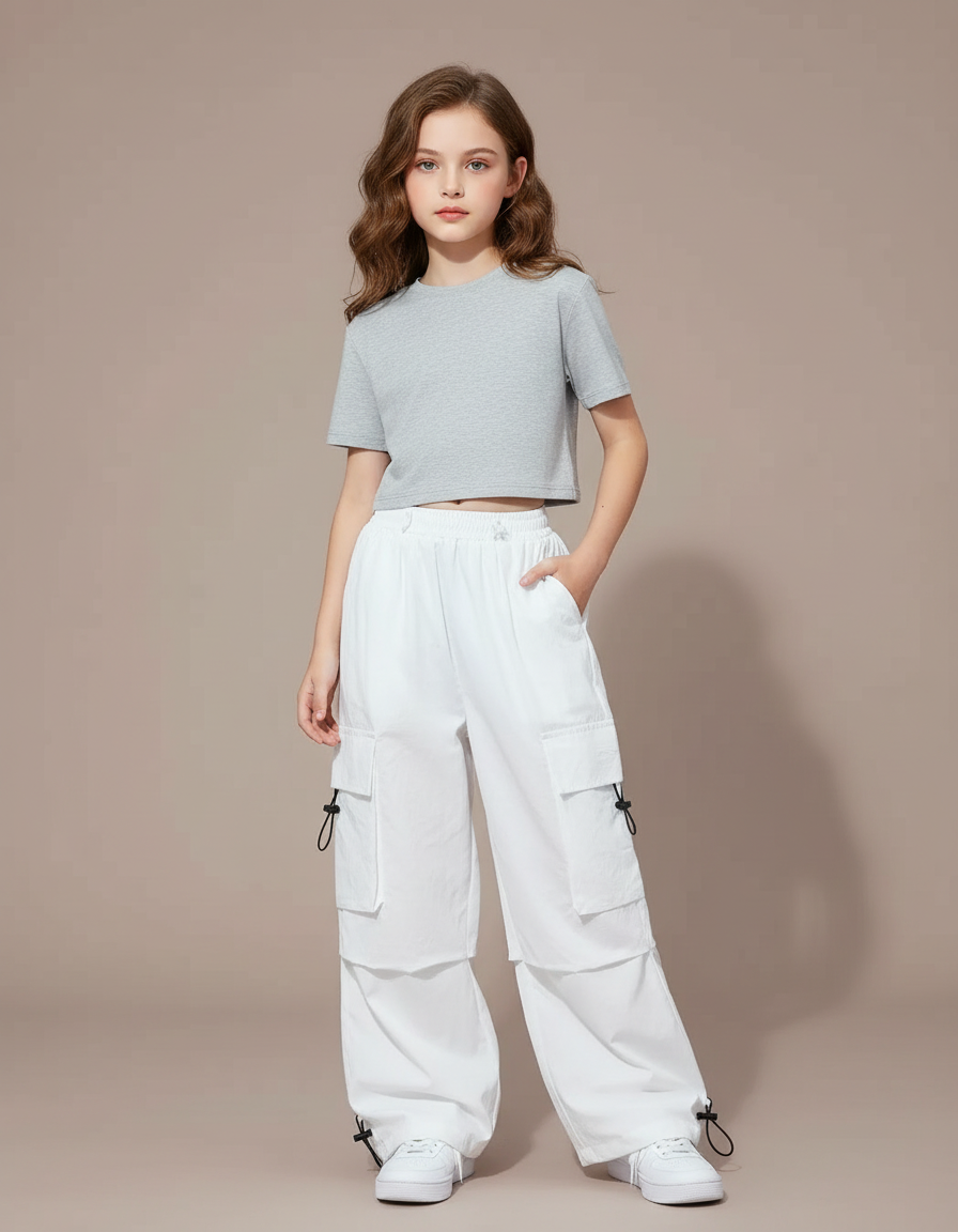 Pantalon Parachute Blanc Cargo Ample Fille - Polyester