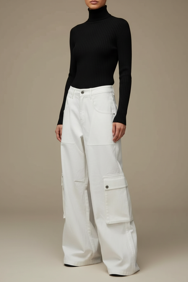 Pantalon Parachute Blanc Cargo Ample Coton Femme