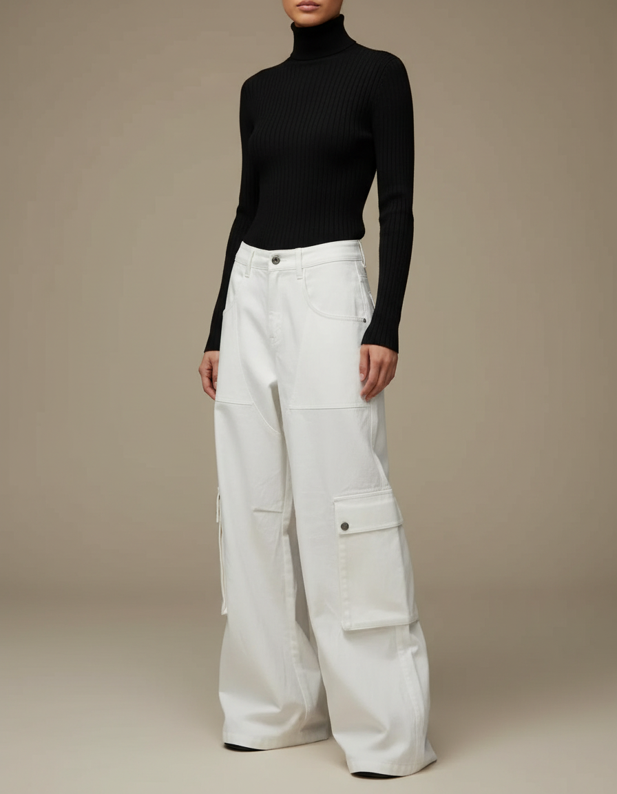 Pantalon Parachute Blanc Cargo Ample Coton Femme