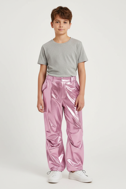 Pantalon Parachute Métallisé Rose Ample Brillant Garçon - Polyester