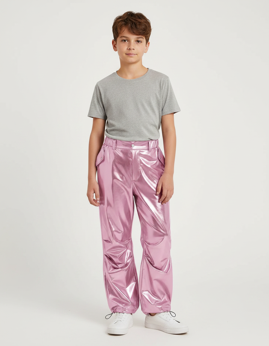 Pantalon Parachute Métallisé Rose Ample Brillant Garçon - Polyester