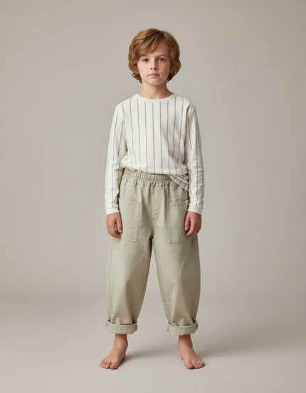 Pantalon Parachute Vert Ample Coton Enfant Décontracté - Kaki Toile