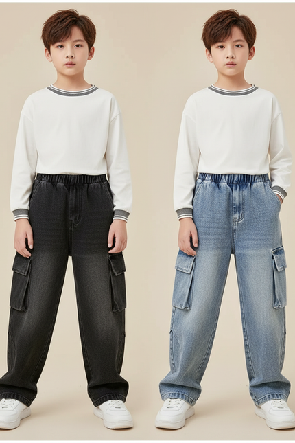 Pantalon Parachute Jean Ample Cargo Garçon Décontracté - Bleu