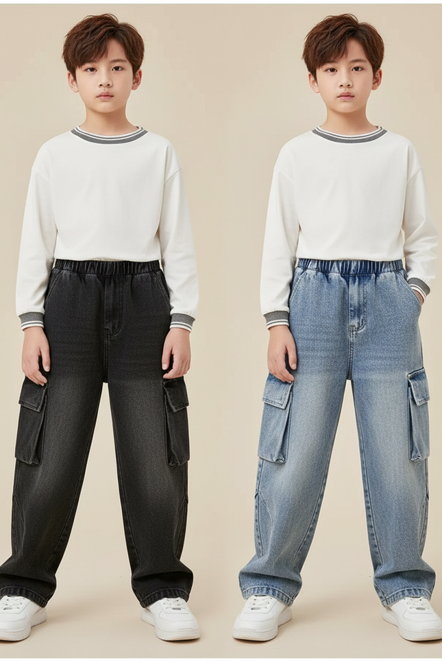 Pantalon Parachute Jean Ample Cargo Garçon Décontracté - Bleu
