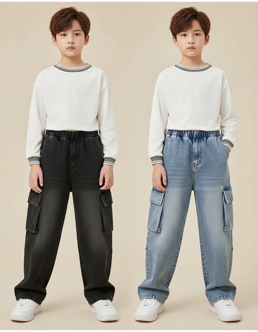 Pantalon Parachute Jean Ample Cargo Garçon Décontracté - Bleu