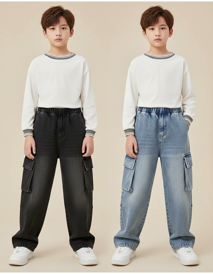 Pantalon Parachute Jean Ample Cargo Garçon Décontracté - Bleu