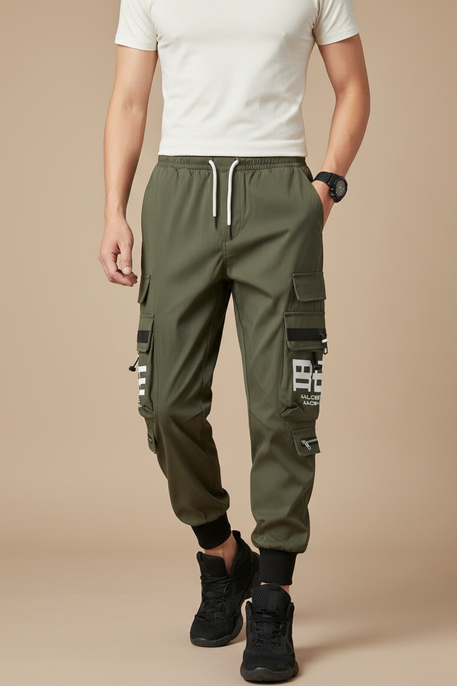 Pantalon Parachute Kaki Cargo Imprimé Jogger Homme - Polyester
