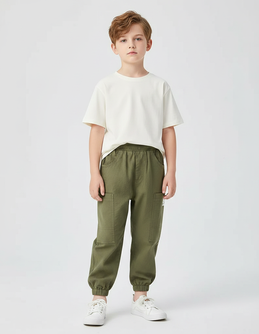 Pantalon Parachute Kaki Coton Ample Cargo Garçon