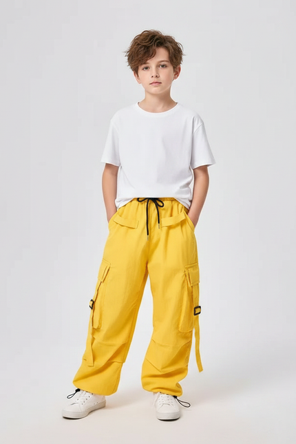 Pantalon Parachute Jaune Cargo Ample Enfant - Toile