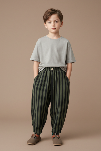 Pantalon Parachute Rayé Vert Noir Ample Enfant Décontracté - Kaki Coton
