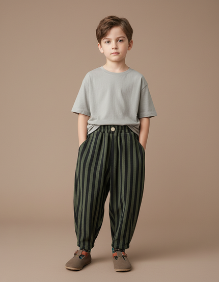 Pantalon Parachute Rayé Vert Noir Ample Enfant Décontracté - Kaki Coton