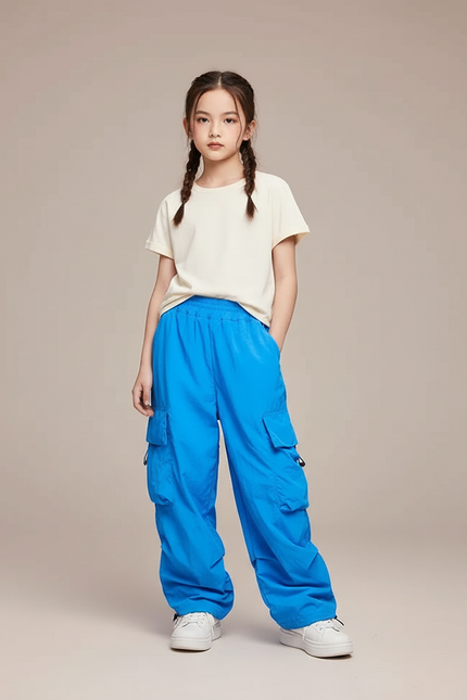 Pantalon Parachute Bleu Cargo Ample Décontracté Enfant - Polyester