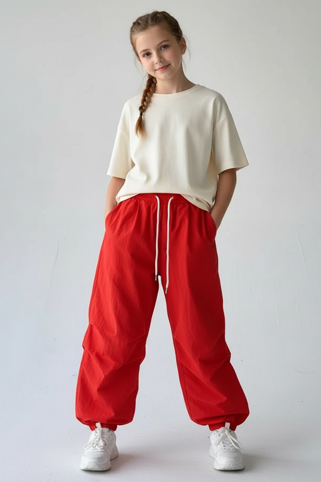 Pantalon Parachute Rouge Ample Fluide Taille Élastique - Polyester