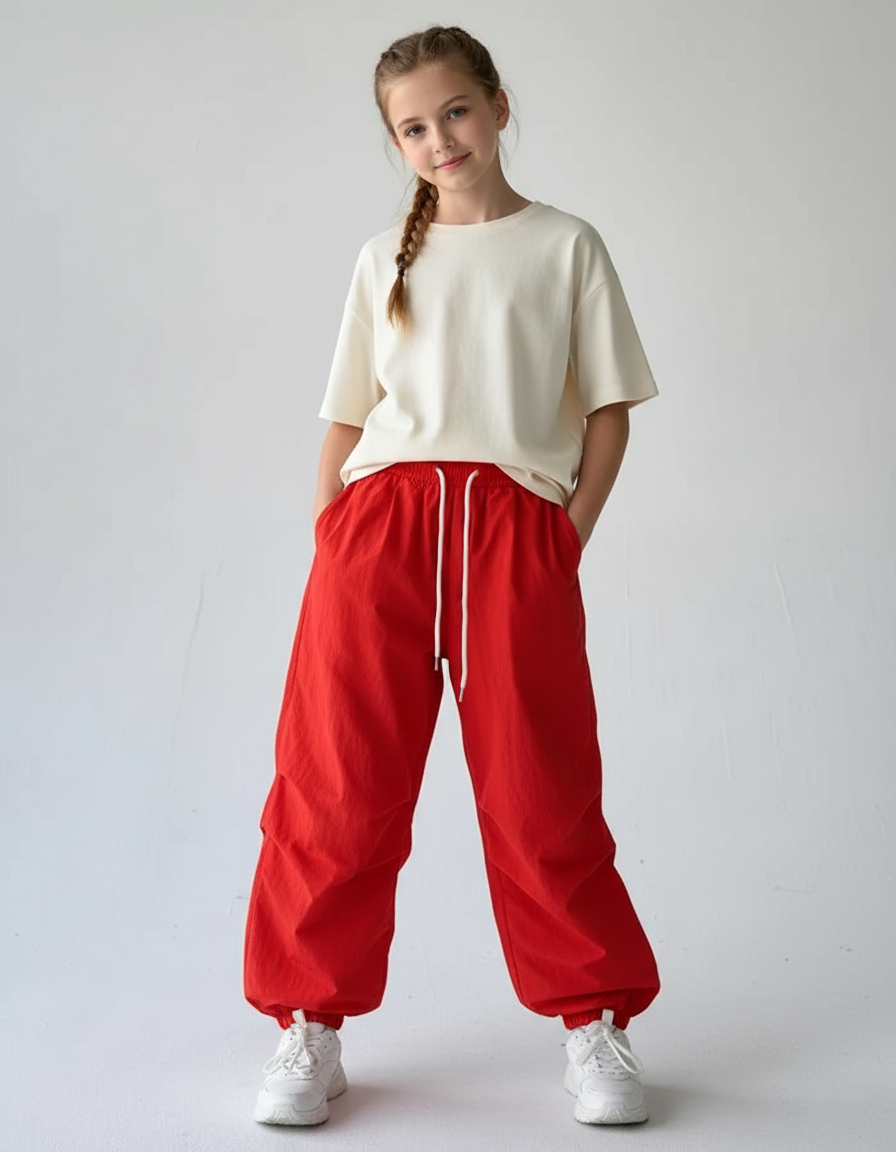 Pantalon Parachute Rouge Ample Fluide Taille Élastique - Polyester