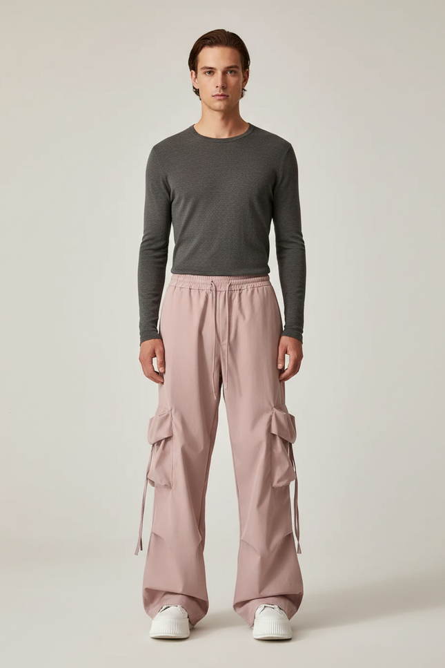 Pantalon Parachute Rose Homme Ample Cargo Décontracté - Polyester