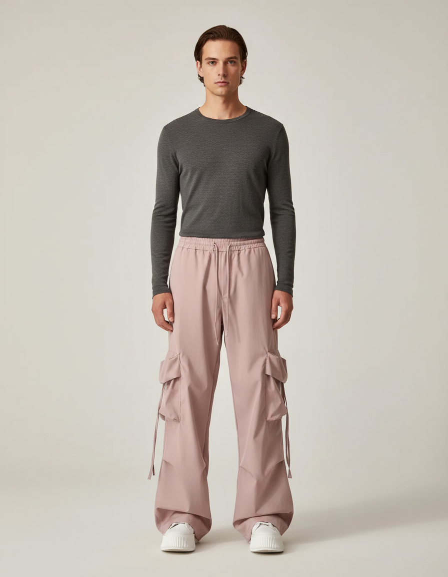 Pantalon Parachute Rose Homme Ample Cargo Décontracté - Polyester