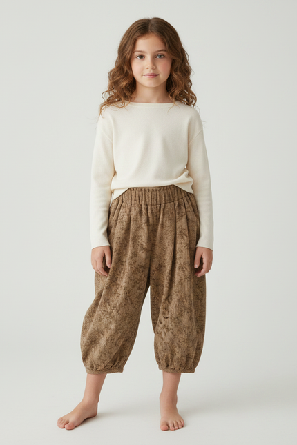 Pantalon Parachute Marron Floral Côtelé Ample Enfant - Cordé