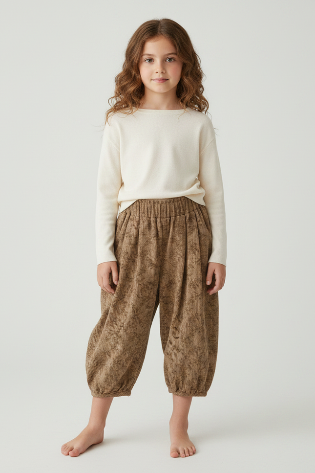 Pantalon Parachute Marron Floral Côtelé Ample Enfant - Cordé