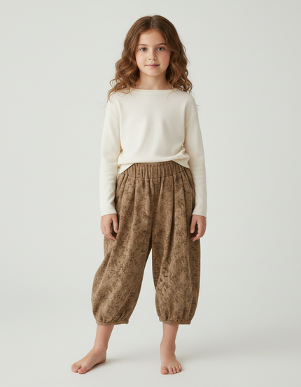 Pantalon Parachute Marron Floral Côtelé Ample Enfant - Cordé