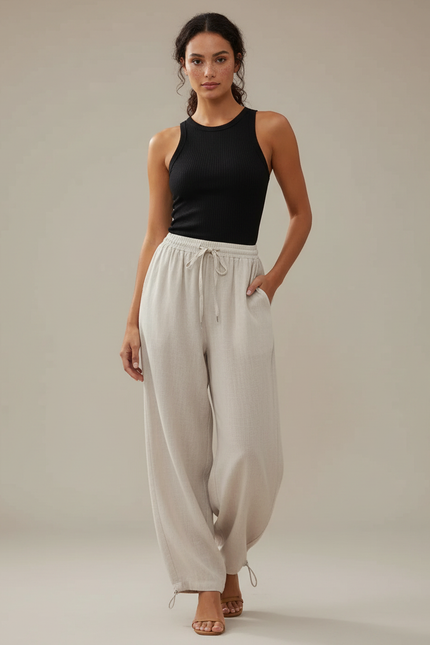 Pantalon Parachute Femme Beige Resserré Aux Chevilles - Lin