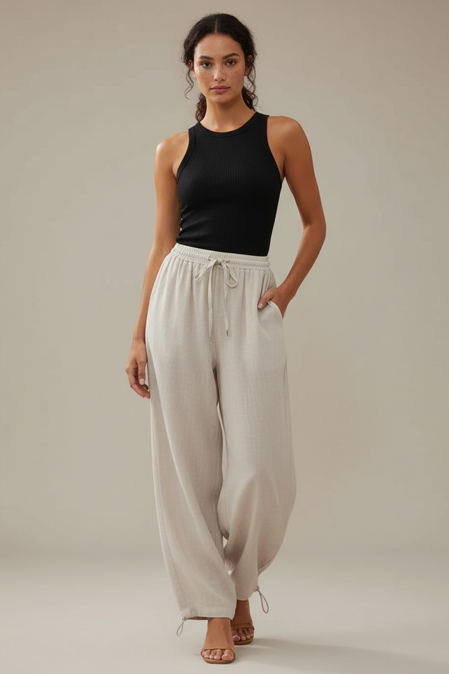 Pantalon Parachute Femme Beige Resserré Aux Chevilles - Lin