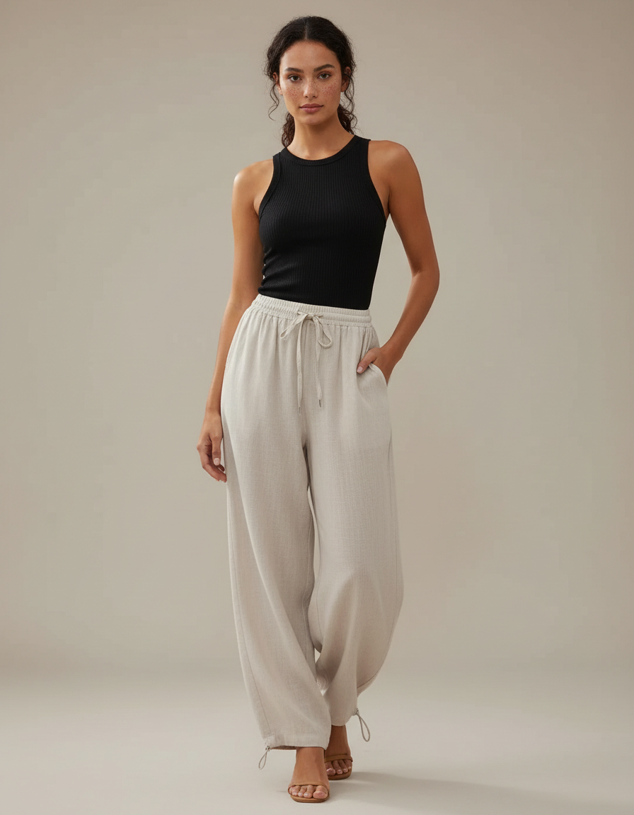Pantalon Parachute Femme Beige Resserré Aux Chevilles - Lin