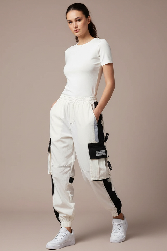 Pantalon Parachute Blanc Cargo Bicolore Techwear Femme Y2K - Toile