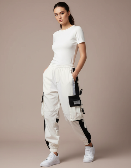 Pantalon Parachute Blanc Cargo Bicolore Techwear Femme Y2K - Toile