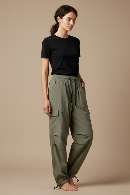 Pantalon Parachute Kaki Cargo Ample Cordon Fluide Femme - Polyester