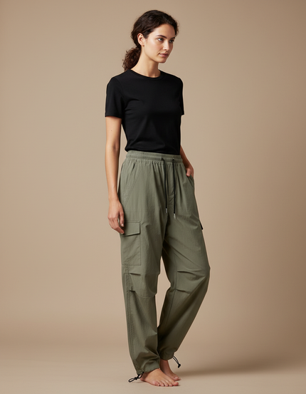 Pantalon Parachute Kaki Cargo Ample Cordon Fluide Femme - Polyester
