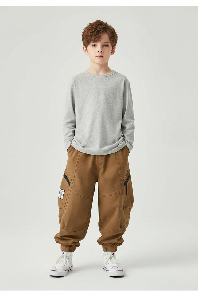 Pantalon Parachute Cargo Marron Ample Garçon - Toile