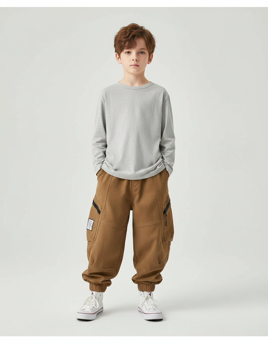 Pantalon Parachute Cargo Marron Ample Garçon - Toile