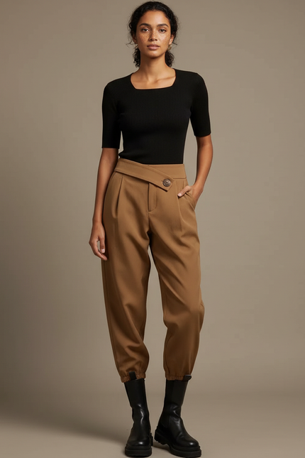 Pantalon Parachute Marron Ample Taille Haute Élégant - Gabardine