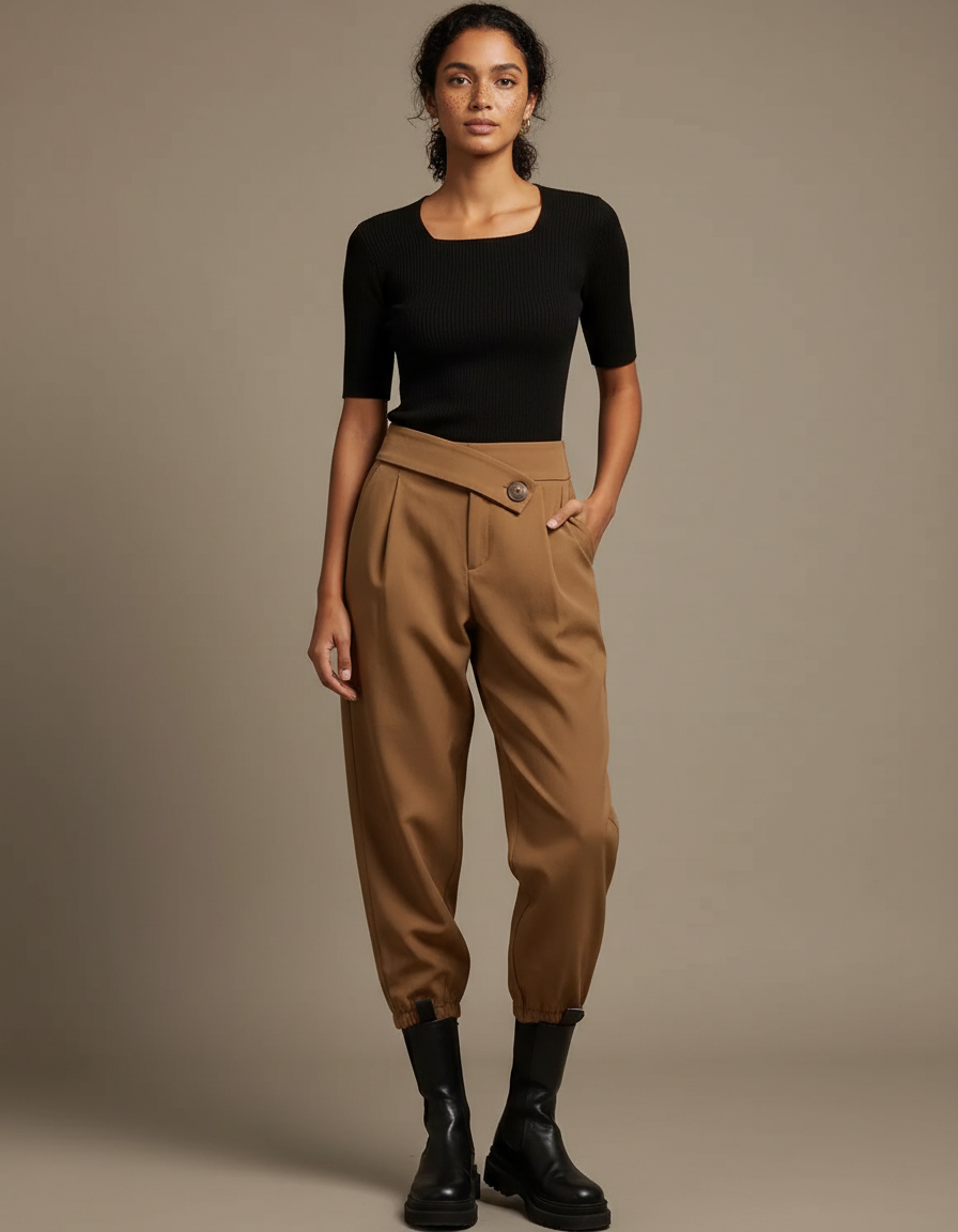 Pantalon Parachute Marron Ample Taille Haute Élégant - Gabardine