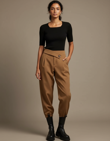 Pantalon Parachute Marron Ample Taille Haute Élégant - Gabardine