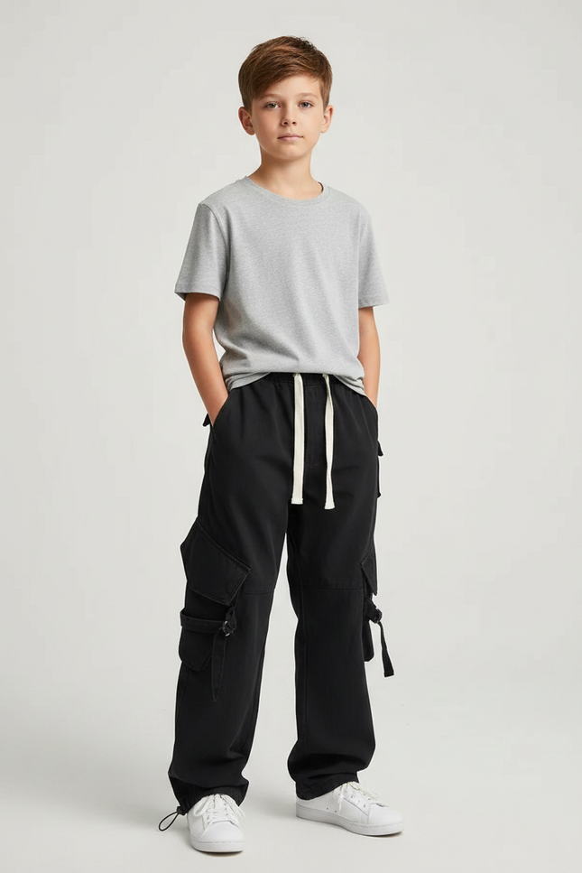 Pantalon Parachute Noir Cargo Cordon Ample Jeune - Toile