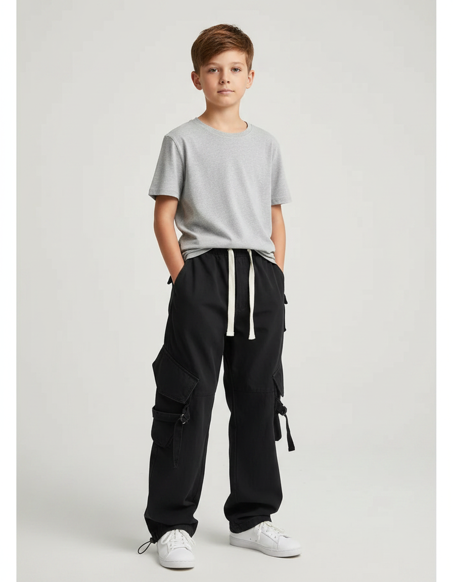 Pantalon Parachute Noir Cargo Cordon Ample Jeune - Toile